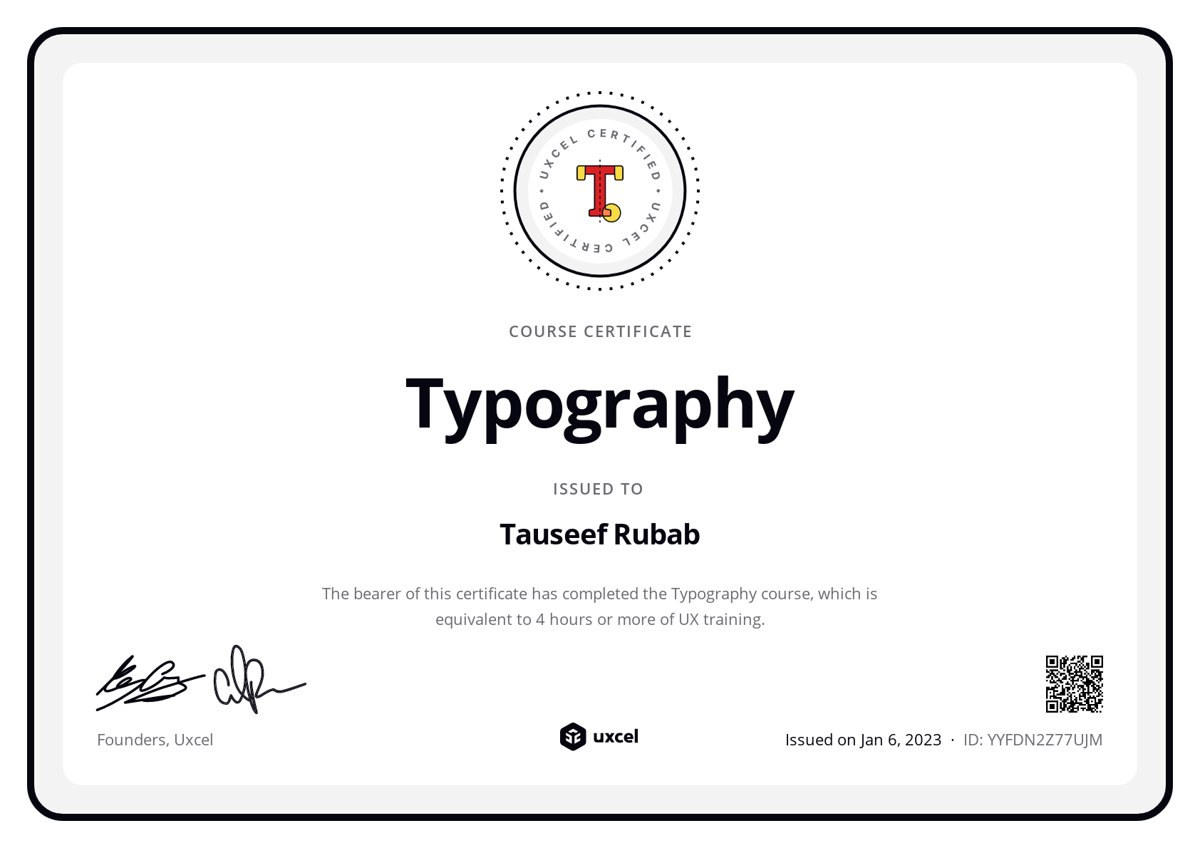 Tauseef Rubab's certificate